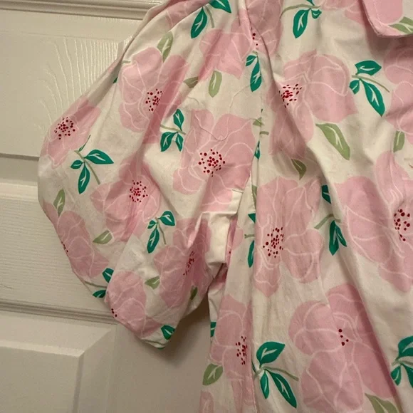 Draper James Pink Floral Midi Collared Puffed Sleeve Dress No belt Cotton Blend - Picture 3 of 8